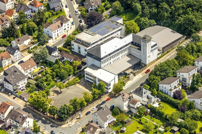Aerial view, St. Ursula Gymnasium, solar roof, Neheim, Arnsberg, Sauerland, North Rhine-Westphalia, Germany, bird's eye view, school, educational institution, building, sustainability, solar energy, renewable energy, architecture, roof, city, urban area, eco-friendly, technology, energy efficiency, school building, sun, solar panels, renewable resources, school infrastructure, aerial view, environmental sustainability