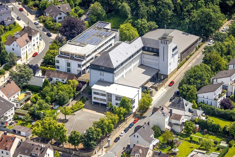 Aerial view, St. Ursula Gymnasium, solar roof, Neheim, Arnsberg, Sauerland, North Rhine-Westphalia, Germany, school, educational institution, building, architecture, green environment, renewable energy, solar panels, environmentally friendly, sustainability, city, landscape, German