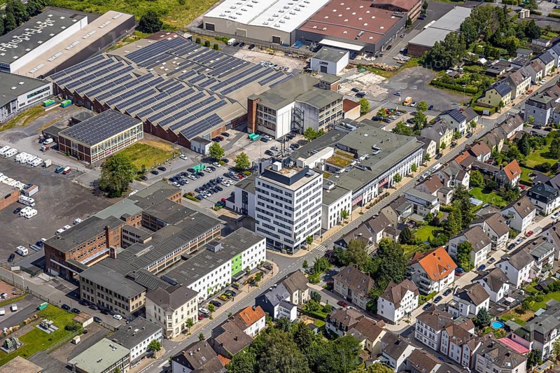 Aerial view, commercial area Möhnestraße, EGG Elektrogroßhandel GmbH Elektrogroßhandel, Neheim, Arnsberg, Sauerland, North Rhine-Westphalia, Germany, commercial area, Möhnestraße, EGG Elektrogroßhandel GmbH, trading company, industrial area, building, infrastructure, business, architecture, complex, company headquarters, electronics, trading place, commercial building, economy, logistics, urban development, commercial space, distribution centre, urbanity, bird's eye view, business activity, aerial view, economic region