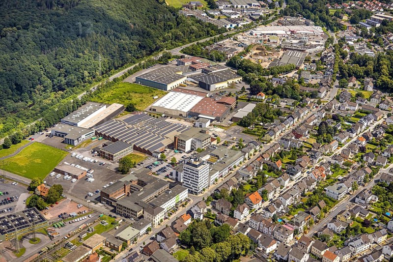 Aerial view, industrial estate Möhnestraße, EGG Elektrogroßhandel GmbH Elektrogroßhandel, Neheim, Arnsberg, Sauerland, North Rhine-Westphalia, Germany, DE, Europe, aerial view, aerial photography, aerial photography, Ruhr area, overview, bird's-eye view, overview
