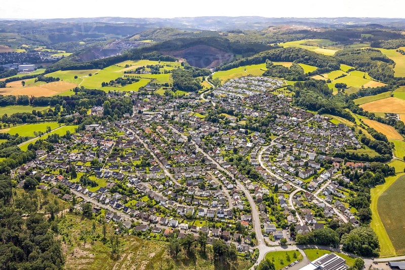 Aerial view, residential area local view Herdringen, forest area hilly landscape, Herdringen, Arnsberg, Sauerland, North Rhine-Westphalia, Germany, residential area, local view, forest area, hilly landscape, village, houses, nature, landscape, trees, settlement, architecture, rural, environment, area shot, sky, panorama, buildings, meadows, streets, roofs, environment, topographical, aerial view, neighbourhood, peaceful, small town, mountain region, idyllic