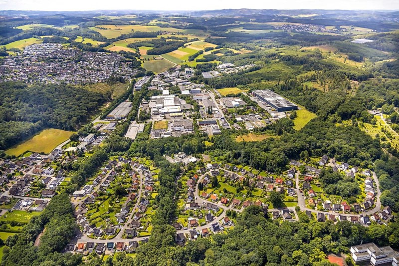 Aerial view, circular housing estate Rumbecker Holz, commercial area Wiebelsheide, behind residential area local view Herdringen, forest and meadows, distant view and blue sky with clouds, Herdringen, Arnsberg, Sauerland, North Rhine-Westphalia, Germany, circular, housing estate, Rumbecker Holz, commercial area, Wiebelsheide, residential area, local view, forest, meadows, distant view, blue sky, clouds, nature, urban, rural, panoramic view, view, houses, infrastructure, vegetation, architecture, landscape, settlement, sky, spring, summer, daylight