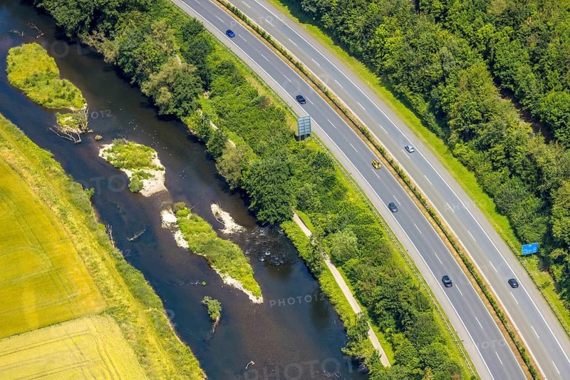 Aerial view, motorway A445 and river Möhne, cycle path, Bergheim, Arnsberg, Sauerland, North Rhine-Westphalia, Germany, motorway, A445, river, Möhne, landscape, infrastructure, traffic, river bank, road, bridge, nature, cycle path, regions, forest, water, city, local traffic, travel, outdoor, movement, recreation, tourism, green spaces, perspective, transport