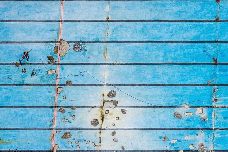 Aerial view, outdoor pool Neheim, cleaning of the pool, shapes and colours, Neheim, Arnsberg, Sauerland, North Rhine-Westphalia, Germany, outdoor pool, swimming pool, cleaning, pool, outdoor area, drone shot, shapes, colours, architecture, water, architectural style, city, leisure, summer, clear, geometric, modern, structured, infrastructure, pools, public space, recreation, swimming, cleanliness, care, maintenance, detailed view