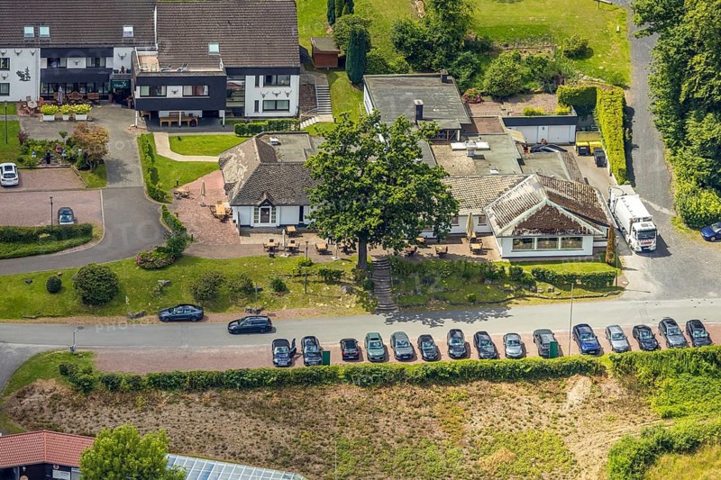 Aerial view, Rodelhaus Hotel and Restaurant, next to the Dorint Hotel, Neheim, Arnsberg, Sauerland, North Rhine-Westphalia, Germany, Rodelhaus Hotel, Restaurant, Dorint Hotel, city, building, accommodation, architecture, environment, forest, trees, landscape, tourism, accommodation, gastronomy, infrastructure, sky, daylight, Europe, travel, holiday, destination, German, outdoor shot, perspective, urban, recreation, nature, sight, region, panorama, view