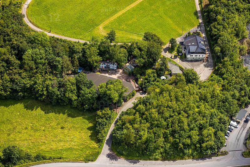 Aerial view, open-air stage covered by trees and adjacent buildings with towers, right playhouse of the open-air stage, Herdringen, Arnsberg, Sauerland, North Rhine-Westphalia, Germany, open-air stage, trees, buildings, towers, playhouse, landscape, architecture, outdoor, nature, summer, daytime, culture, environment, vegetation, green, theatre, entertainment, scene, perspective, shot, regional, sight, Europe, structure, park, historical
