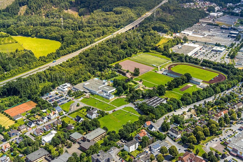 Aerial view, Solepark Große Wiese Freizeitbad Naß, sunbathing lawn and swimming pool, Gradierwerk saltworks, football stadium Große Wiese, at the motorway A46, Hüsten, Arnsberg, Sauerland, North Rhine-Westphalia, Germany, DE, Europe, aerial view, aerial photography, aerial photography, Ruhr area, overview, bird's-eye view, overview