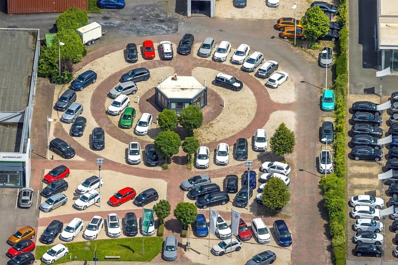 Aerial photo, Skoda Autohaus Jost GmbH & Co. KG, new cars set up in the district, Niedereimer, Arnsberg, Sauerland, North Rhine-Westphalia, Germany, DE, Europe, aerial photography, aerial photography, aerial photography, Ruhr area, overview, bird's-eye view, birds-eyes view, overview