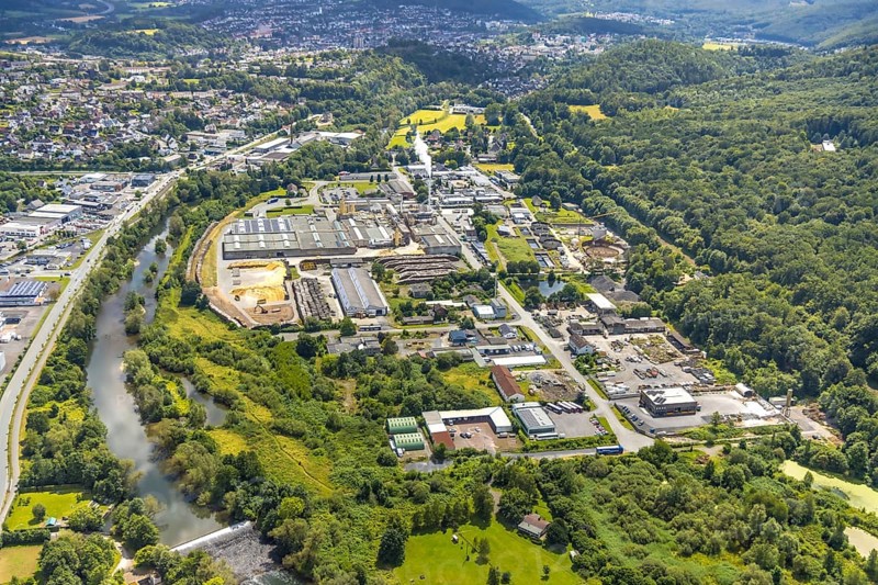 Aerial view, industrial area and sewage treatment plant Hammerweide, river Ruhr and forest area, Obereimer, Arnsberg, Sauerland, North Rhine-Westphalia, Germany, DE, Europe, aerial view, aerial photography, aerial photography, Ruhr area, overview, bird's eye view, birds-eyes view, overview