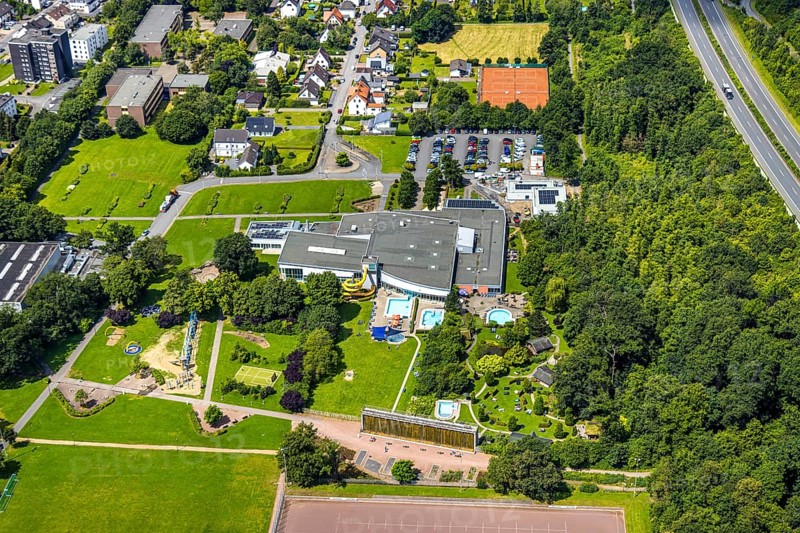 Aerial view, Solepark Große Wiese Freizeitbad Naß, sunbathing lawn and swimming pool, graduation house saltworks, Hüsten, Arnsberg, Sauerland, North Rhine-Westphalia, Germany, Solepark, Große Wiese, Freizeitbad, Naß, sunbathing lawn, swimming pool, graduation house, saltworks, park, swimming pool, leisure, recreation, bathing landscape, water, swimming, summer, nature, green space, relaxation, outdoor area, architecture, structure, tourism, landscape, bird's eye view