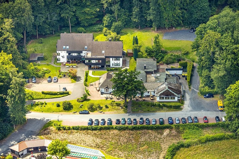 Aerial view, Rodelhaus Hotel and Restaurant, next to the Dorint Hotel, Neheim, Arnsberg, Sauerland, North Rhine-Westphalia, Germany, Rodelhaus Hotel, Restaurant, Dorint Hotel, architecture, building, city, urban, location, infrastructure, landscape, Europe, tourism, hospitality, service, sight, accommodation, gastronomy, sky, day, northern Germany, exterior view, surroundings, business, recreation, nature, travel, exploration