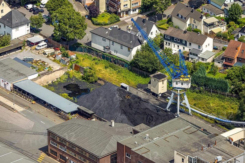 Aerial view, coal stockpile of R.D.M. Arnsberg GmbH paper mill, Arnsberg, Sauerland, North Rhine-Westphalia, Germany, coal stockpile, R.D.M. Arnsberg GmbH, paper mill, industry, coal, factory, storage, environment, energy, raw materials, aerial view, landscape, region, economy, infrastructure, production site, company, terrain, building, clouds, Europe, transport, supply, supply chain, resources