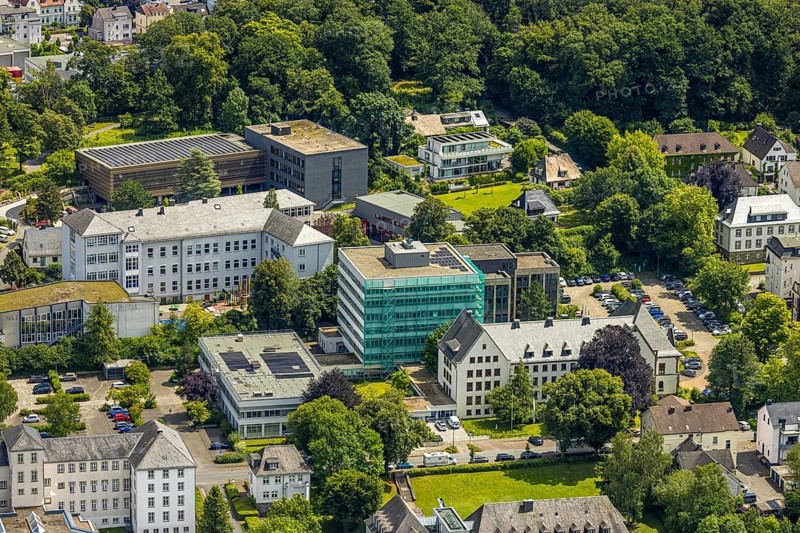 Aerial view, district house and district government, building renovation with cladding and scaffolding, behind the Gymnasium Laurentianum, Arnsberg, Sauerland, North Rhine-Westphalia, Germany, DE, Europe, aerial view, aerial photography, aerial photography, Ruhr area, overview, bird's-eye view, overview