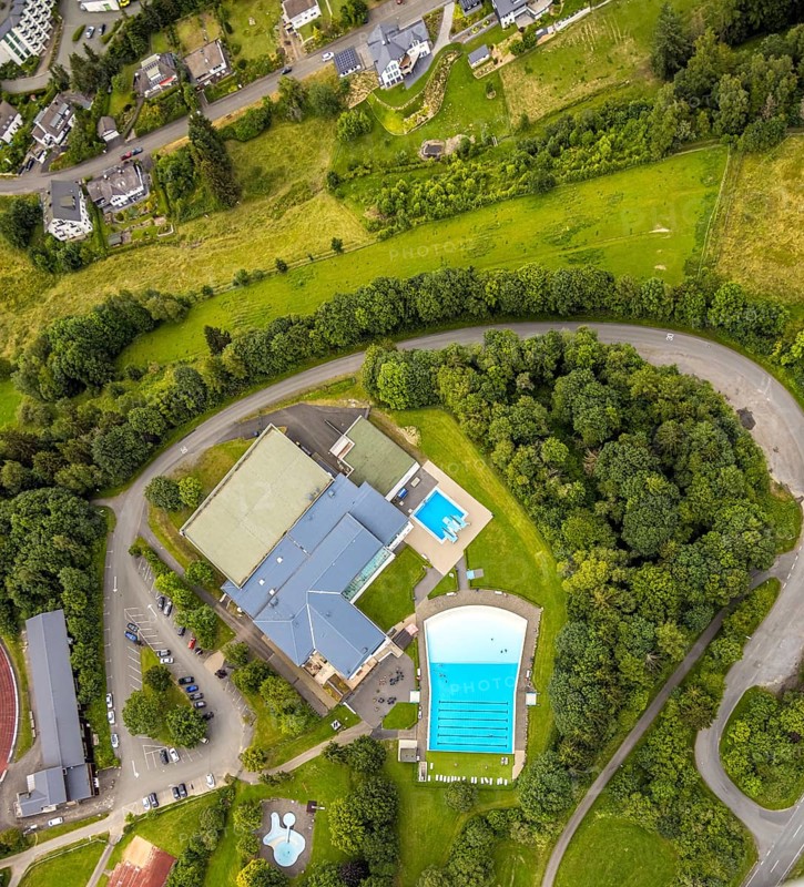 Aerial view, Rothaarbad outdoor pool, Rothaar Wellenfreibad, vertical shot, Bad Berleburg, Wittgensteiner Land, North Rhine-Westphalia, Germany, facilities, architecture, outdoor area, pool, refreshment, recreation, outdoor pool, leisure, building, green areas, sky, infrastructure, landscape, nature, Rothaarbad, swimming pool, summer, urban, day, tourism, bird's eye view, water, clear, swim