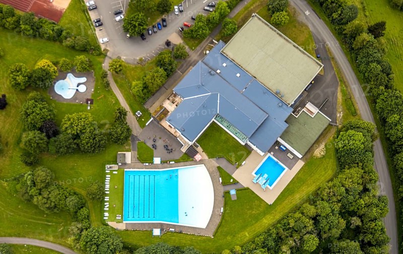 Aerial view, Rothaarbad outdoor pool, Rothaar Wellenfreibad, vertical shot, Bad Berleburg, Wittgensteiner Land, North Rhine-Westphalia, Germany, facility, architecture, outdoor area, recreation, recreation centre, outdoor pool, leisure, leisure activity, building, municipality, geography, green area, infrastructure, landscape, aerial view, outdoor, pool, Rothaarbad, swimming pool, swimming pool, summer, structure, environment, bird's eye view, water, swimming, public