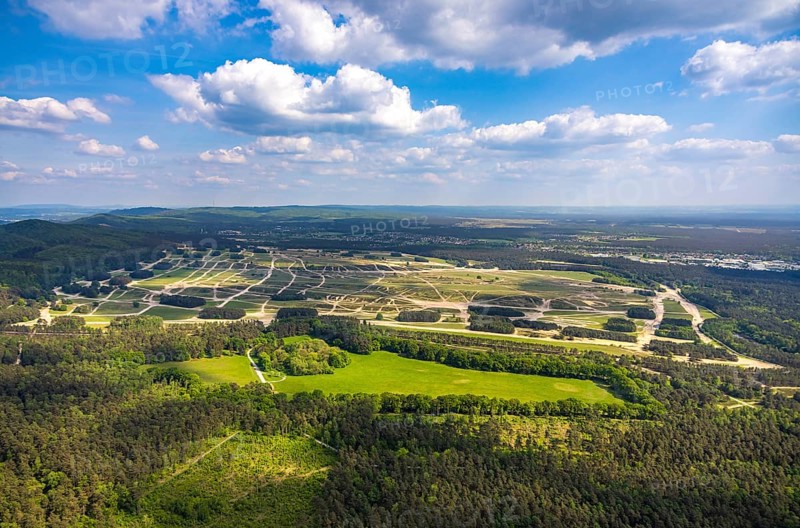 Aerial view, Augustdorf dune field, Senne nature reserve NSG, heathland, distant view and blue sky with clouds, Währentrup, Oerlinghausen, East Westphalia, North Rhine-Westphalia, Germany, Senne, nature reserve, distant view, blue sky, clouds, dunes, protected area, nature, landscape, ecological, conservation, biodiversity, flora, fauna, ecosystem, outdoor, day, weather, environment, ecology, heath, green space, landscape protection, sky, cloud formation, daylight, natural heritage, landmark, geography, tranquillity, vastness