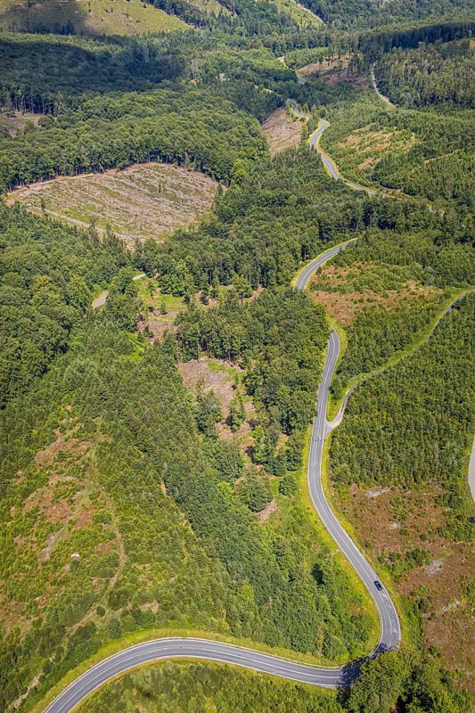 Aerial view, serpentines at the Ochsenkopf between Arnsberg and Sundern in the forest area with forest damage Stockumer Höhe, Sunderner Straße Landesstraße L685, Arnsberg, Sauerland, North Rhine-Westphalia, Germany, serpentines, Ochsenkopf, Sundern, forest area, forest damage, Stockumer Höhe, Sunderner Straße, Landesstraße L685, road, curves, traffic, trees, nature, landscape, environmental damage, motorway, region, rural, infrastructure, forest, season, travel, tourism, view, sky, greenery