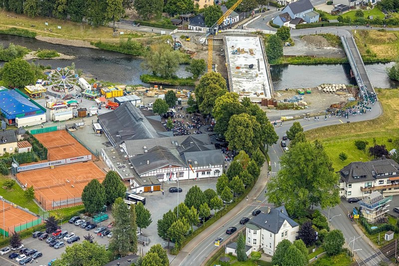 Aerial view, shooting club parade and shooting hall, St. Sebastianus Schützenbruderschaft 1766 e.V. Öventrop, Glösingen, Arnsberg, Sauerland, North Rhine-Westphalia, Germany, DE, Europe, aerial photography, aerial photography, aerial photography, Ruhr area, overview, bird's-eye view, bird's-eye view, overview