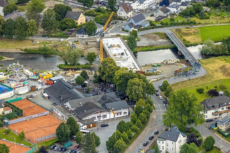Aerial view, shooting club parade and shooting hall, St. Sebastianus Schützenbruderschaft 1766 e.V. Öventrop, Glösingen, Arnsberg, Sauerland, North Rhine-Westphalia, Germany, DE, Europe, aerial photography, aerial photography, aerial photography, Ruhr area, overview, bird's-eye view, bird's-eye view, overview