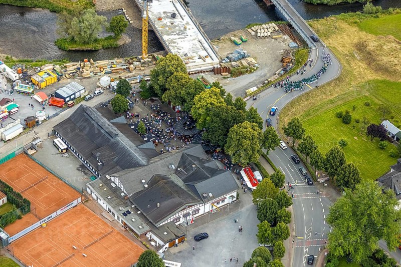 Aerial view, shooting club parade and shooting hall, St. Sebastianus Schützenbruderschaft 1766 e.V. Öventrop, Glösingen, Arnsberg, Sauerland, North Rhine-Westphalia, Germany, DE, Europe, aerial photography, aerial photography, aerial photography, Ruhr area, overview, bird's-eye view, bird's-eye view, overview