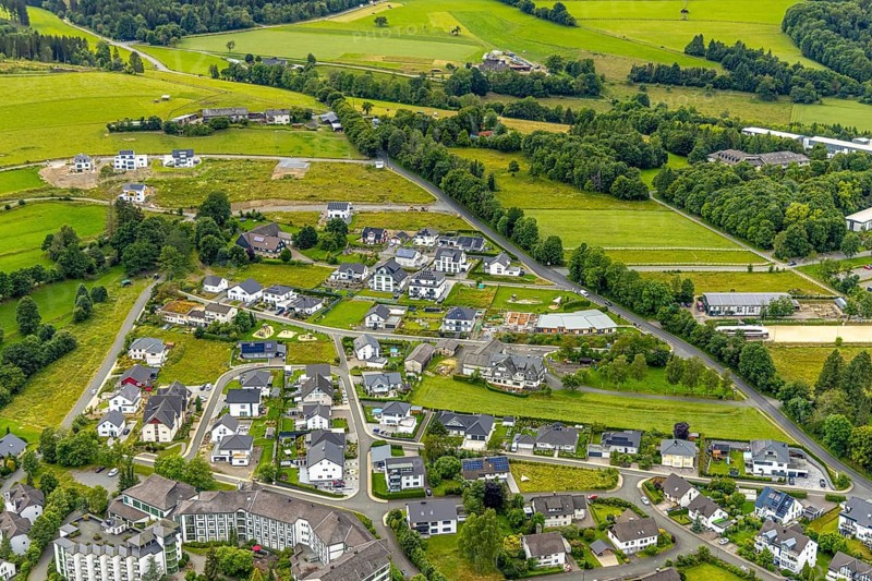 Aerial view, new residential area Am Sengelsberg, below the Haus am Sähling - Evangelisches Johanneswerk nursing home, Bad Berleburg, Wittgensteiner Land, North Rhine-Westphalia, Germany, Am Sengelsberg, architecture, roofs, development, Evangelisches Johanneswerk, building, health, green spaces, house, infrastructure, landscape, aerial view, modernisation, neighbourhood, new construction, nursing facility, nursing home, religion, settlement, urban development, urban planning, streets, urban, urban, residential complex, residential area, residential buildings, Protestant