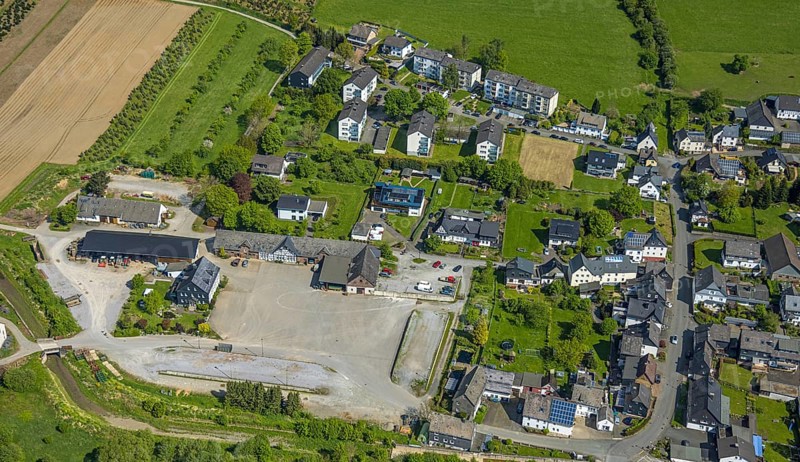 Aerial view, Hof Norbert Wiese GmbH, residential area Mühlenstraße corner Kanalstraße, Velmede, Bestwig, Sauerland, North Rhine-Westphalia, Germany, Hof, Norbert Wiese GmbH, residential area, Mühlenstraße, Kanalstraße, town, buildings, houses, streets, traffic, aerial view, settlement, residential buildings, infrastructure, rural, village, neighbourhood, architecture, outdoor area, environment, region, landscape, overview, settlement area, traffic connection, daylight