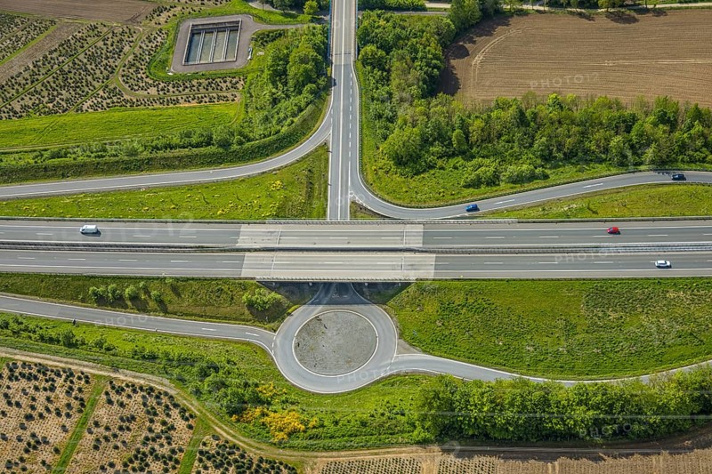 Aerial view, motorway A46 junction Bestwig, shapes and colours, Velmede, Bestwig, Sauerland, North Rhine-Westphalia, Germany, motorway, A46, junction, shapes, colours, roads, traffic, infrastructure, intersection, vehicles, landscape, city, nature, settlement, bridges, curves, geometric, design, civilisation, structure, bird's eye view, transport, motorway junction, region, rural, urban, engineering, architecture, elevations