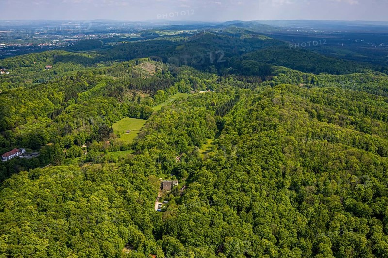 Aerial view, Teutoburg Forest, low mountain range and mountain range with distant view, Brackwede, Bielefeld, East Westphalia, North Rhine-Westphalia, Germany, low mountain range, mountain range, distant view, nature, landscape, trees, forests, green, panorama, view, hill, terrain, outdoor, daylight, tranquillity, beauty, natural beauty, serenity, rural, flora, sky, horizon, vegetation, environment, ecological, environmental protection, recreation, destination