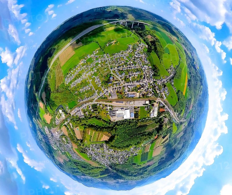 Aerial view, residential area view of Nuttlar and federal road B7 with commercial area Vermeer Deutschland GmbH, railway line, above the motorway A46 with viaduct Nuttlar, globe, fisheye image, fisheye image, 360 degree image, tiny world, little planet, fisheye image, Nuttlar, Bestwig, Sauerland, North Rhine-Westphalia, Germany, residential area, local view, federal road B7, commercial area, Vermeer Deutschland GmbH, motorway A46, viaduct Nuttlar, infrastructure, traffic connection, bridge, panorama, perspective, cityscape, village, rural, traffic, architecture, landscape, environment, technology, construction, transport, photography, wide angle, engineering, traffic systems, urban planning, urban, bird's eye view