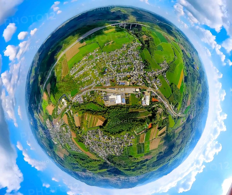 Aerial view, residential area, view of Nuttlar and federal road B7 with industrial estate Vermeer Deutschland GmbH, railway line, above the motorway A46 with viaduct Nuttlar, globe, fisheye image, fisheye image, 360 degree image, tiny world, little planet, fisheye image, Nuttlar, Bestwig, Sauerland, North Rhine-Westphalia, Germany, Residential area, local view, federal road B7, commercial area, Vermeer Deutschland GmbH, motorway A46, viaduct Nuttlar, infrastructure, traffic, panorama, cityscape, bridge, industrial landscape, nature, architecture, settlement, houses, streets, landscape, environment, bird's eye view, photography, technology, overview, geography