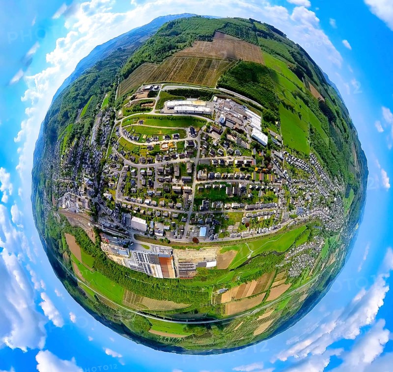 Aerial view, residential area local view Bestwig, industrial area with Howmet Aerospace Tital Gmbh, forest area and tree plantations, earth globe, fisheye image, fisheye image, 360 degree image, tiny world, little planet, fisheye image, Velmede, Bestwig, Sauerland, North Rhine-Westphalia, Germany, residential area, local view, commercial area, Howmet Aerospace Tital Gmbh, forest area, tree plantations, industrial area, nature, landscape, panoramic image, panoramic view, bird's eye view, sky, houses, infrastructure, trees, townscape, satellite image, surroundings, architecture, rural, technology, company, environment, village, settlement