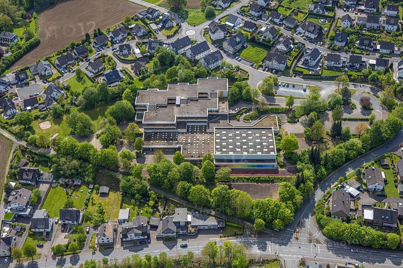 Aerial view, Realschule Bestwig, Ostwig, Bestwig, Sauerland, Germany, secondary school, school building, educational institution, landscape, village, architecture, building, school, secondary school, North Rhine-Westphalia, region, suburban, urban, German, educational institution, school grounds, outdoor area, European, infrastructure, educational institution, aerial view, bird's eye view