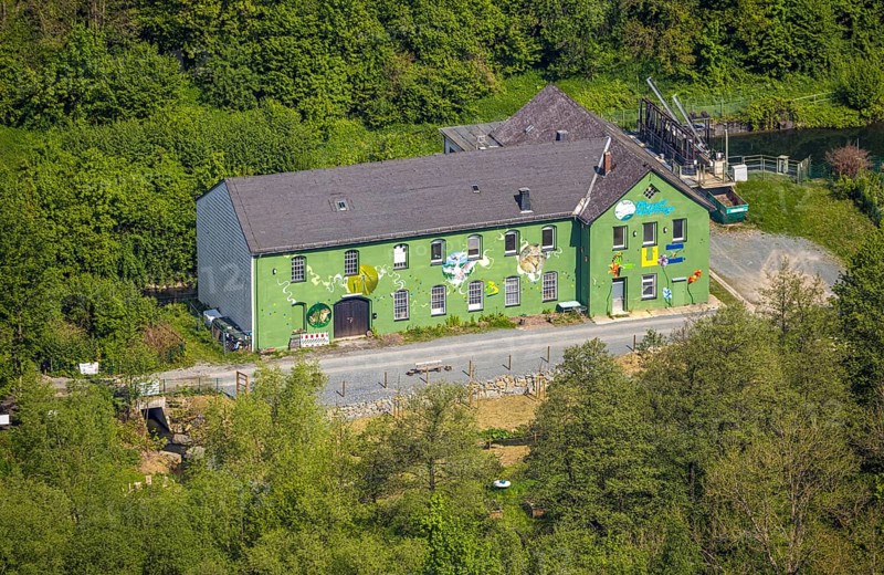 Aerial view, Altes Wasserkraftwerk Alfert, NaturRanger e.V., and green house painted with animals and plants, Ostwig, Bestwig, Sauerland, North Rhine-Westphalia, Germany, old hydroelectric power station, Alfert, painted house, green house, animals, plants, art, landscape, building, architecture, nature, environment, conservation, aerial view, renewable energy, country, painting, decoration, village, region, traditional, flora, fauna, summer, Tegel, houses, historical, rural, environment