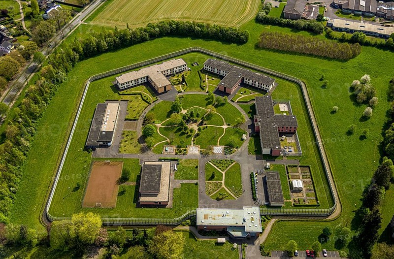 Aerial view, Forensic Psychiatry - LVR Clinic, special psychiatric facilities, circular garden, Hau, Bedburg-Hau, Lower Rhine, North Rhine-Westphalia, Germany, facility, architecture, treatment, treatment facility, service, facility, specialist clinic, forensic psychiatry, garden, health service, health facility, health care, health care, health care system, green space, healing, clinic, LVR Clinic, landscape, landscaping, aerial view, medicine, psychiatry, security, special clinic, therapy, care, outside, public facility