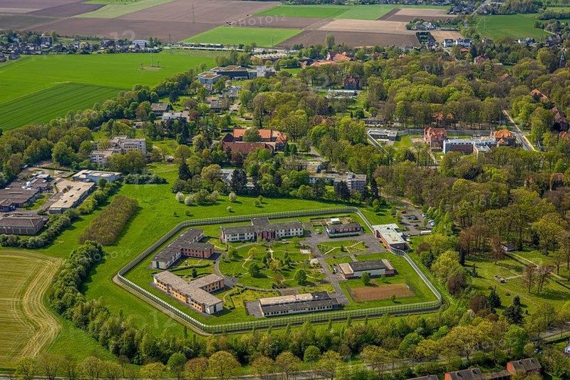 Aerial view, Forensic Psychiatry - LVR Clinic, psychiatric special facilities, circular garden, residential area local view Bedburg-Hau, Hau, Bedburg-Hau, Lower Rhine, North Rhine-Westphalia, Germany, architecture, exterior view, facility, forensic psychiatry, garden, building, health, health care, green area, LVR Clinic, landscape, aerial view, medical facility, local view, psychiatry, security, special clinic, town, town view, urban, therapy, urban, care, residential area, circular