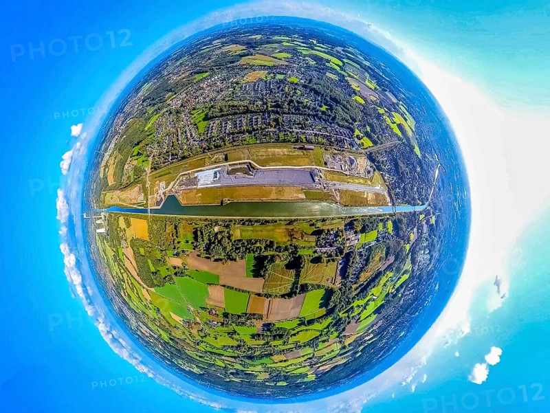 Aerial view, water town Aden on the Datteln-Hamm Canal, construction area for planned urban quarter on the site of the former Haus Aden colliery, earth globe, fisheye image, fisheye image, 360 degree image, tiny world, little planet, fisheye image, Oberaden, Bergkamen, Ruhr area, North Rhine-Westphalia, Germany, 360 degree, abstract, Aden, architecture, construction area, Datteln-Hamm Canal, river, geography, Haus Aden, industrial area, landscape, Little Planet, aerial view, new development area, panorama, perspective, region, panoramic view, urban development, urban planning, urban quarter, structural change, Tiny World, urbanisation, water town, vision of the future, former colliery, innovative, creative