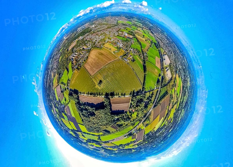 Aerial view, Emscher Landscape Park green corridor, Buckenstraße corner Lünener Straße, meadows and fields and Maiwald, globe, fisheye image, 360 degree image, tiny world, little planet, fisheye image, Oberaden, Bergkamen, Ruhr area, North Rhine-Westphalia, Germany, architecture, Emscher Landscape Park, fields, photography, open space, spring weather, geography, green space, green corridor, sky, landscape, Maiwald, nature, panorama, park, perspective, panoramic view, city, Tiny World, environment, environment, vegetation, bird's eye view, meadows, cloudy, western Germany