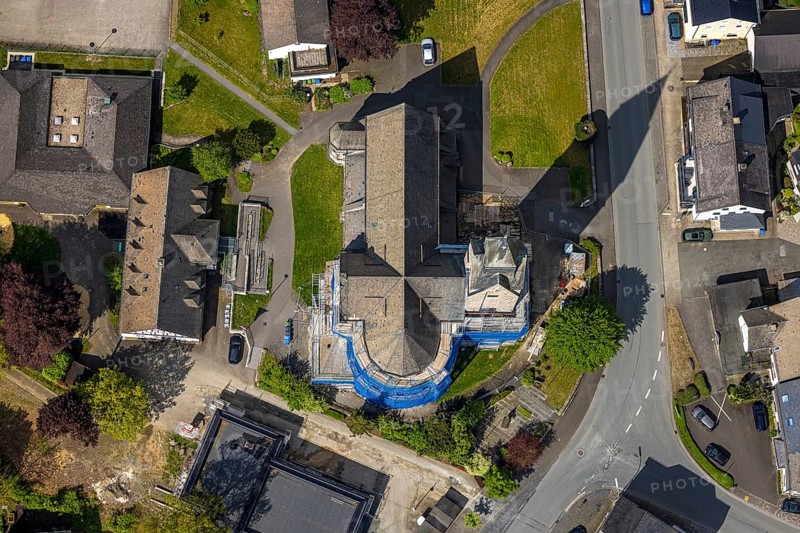 Aerial view, cat. Church of St. Anna, partial covering and scaffolding due to renovation work, Nuttlar, Bestwig, Sauerland, North Rhine-Westphalia, Germany, catholic church, Church of St. Anna, partial covering, scaffolding, renovation work, renovation, restoration, architecture, religious building, building, village, infrastructure, preservation, construction site, religion, church, exterior view, rural, aerial view, renewal, development, roof, towers, windows, brick, community, culture, ecclesiastical