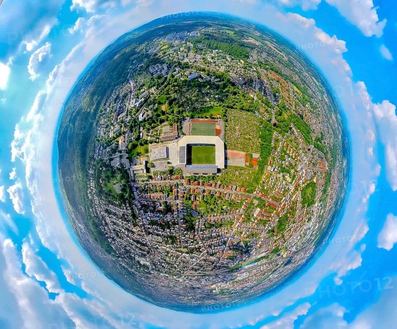 Aerial view, aerial view Bielefeld, football stadium SchücoArena of DSC Arminia Bielefeld, also Almstadion or Bielefelder Alm, solar roof, earth globe, fisheye image, 360 degree image, tiny world, little planet, fisheye image, centre, Bielefeld, East Westphalia, North Rhine-Westphalia, Germany, local view, football stadium, SchücoArena, DSC Arminia Bielefeld, Almstadion, Bielefelder Alm, fisheye, arena, stadium, sport, architecture, urban, perspective, technology, satellite image, panorama, panoramic view, townscape, aerial perspective, region, summer, daylight, sun, energy, environment