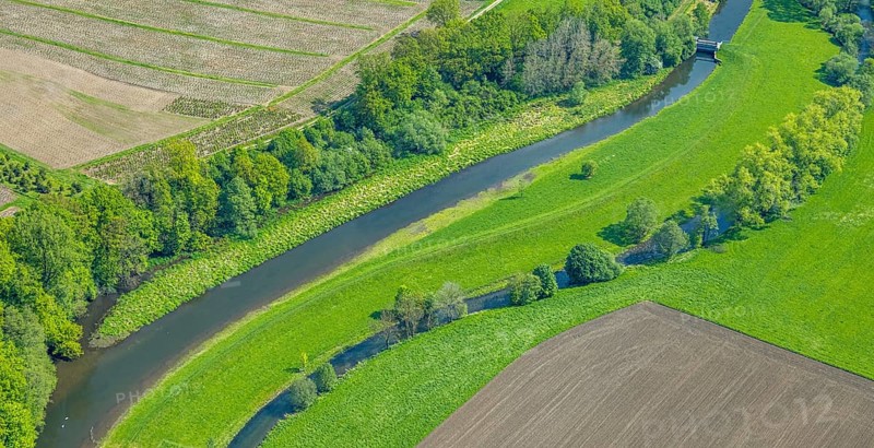 Aerial view, river Luchtmücke with small weir and river Ruhr renaturalisation, Arnsberg Forest nature park Park, Velmede, Bestwig, Sauerland, North Rhine-Westphalia, Germany, river Luchtmücke, weir, river Ruhr, renaturalisation, nature park, Arnsberg Forest, nature, landscape, water, flowing waters, recreation, nature conservation, environment, forest, green, vegetation, geography, Europe, aerial perspective, daylight, summer, seasons, scenic, no persons, drone shot