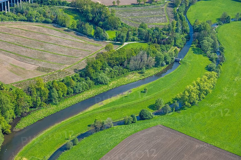 Aerial view, river Luchtmücke with small weir and river Ruhr renaturalisation, Arnsberg Forest nature park Park, Velmede, Bestwig, Sauerland, North Rhine-Westphalia, Germany, river, Luchtmücke, weir, Ruhr, renaturalisation, nature park, Arnsberg Forest, nature, landscape, water, renaturalisation project, ecology, environment, forest area, river course, green area, forest, recreation, protected area, European, German, bird's eye view, river landscape, bank, rural, waters, nature reserve, province