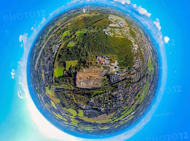Aerial view, construction site, construction area Schacht Kuckuck for new forest settlement on the former Grimberg 3/4 mine site, TÜV Nord and new housing estate Unter den Telgen at the roundabout, forest area, earth globe, fisheye image, fisheye image, 360 degree image, tiny world, little planet, fisheye image, Weddinghofen, Bergkamen, Ruhr area, North Rhine-Westphalia, Germany, 360 degree images, architecture, construction work, construction area, construction cranes, construction site, development, Grimberg 3/4, industrial wasteland, infrastructure, roundabout, landscape, landscaping, Little Planet, aerial view, modernisation, new housing estate, perspective, Kuckuck shaft, housing estate, urban planning, Tiny World, topography, TÜV Nord, Unter den Telgen, urbanisation, forest housing estate, former mine, fisheye