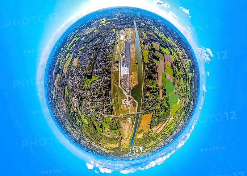 Aerial view, Wasserstadt Aden on the Datteln-Hamm Canal, construction area for planned urban quarter on the site of the former Haus Aden colliery, globe, fisheye image, fisheye image, 360 degree image, tiny world, little planet, fisheye image, Oberaden, Bergkamen, Ruhr area, North Rhine-Westphalia, Germany, architecture, construction area, Datteln-Hamm canal, terrain, industrial area, infrastructure, circle effect, landscape, little planet, panorama, perspective, planning, settlement, urban development, urban neighbourhood, tiny world, urban, bird's eye view, water town Aden, Haus Aden colliery, fisheye