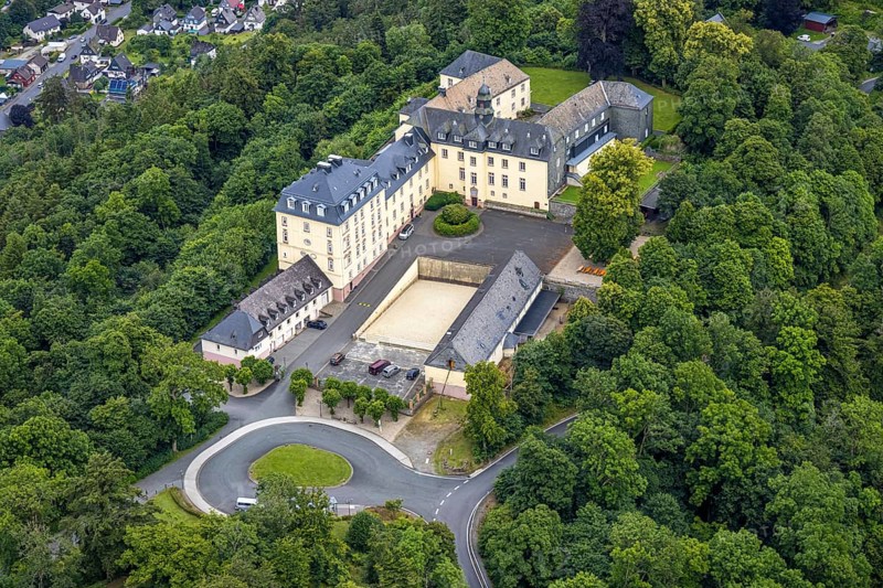 Aerial view, Wittgenstein Castle in the forest, Wittgenstein art, Bad Laasphe, Wittgensteiner Land, North Rhine-Westphalia, Germany, architecture, exterior view, monument, Europe, building, green, culture, landscape, nature, panorama, park, region, castle, Wittgenstein Castle, sight, summer, daylight, tourism, surroundings, forest, wooded, historical, rural