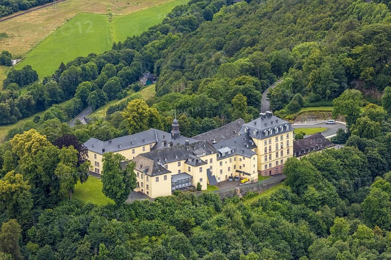 Aerial view, Wittgenstein Castle in the forest, Wittgenstein art, Bad Laasphe, Wittgensteiner Land, North Rhine-Westphalia, Germany, architecture, view, castle, trees, monument, history, green, hill, landscape, nature, panorama, Wittgenstein Castle, sight, settlement, summer, daylight, tourism, forest, European, historical buildings, cultural, rural, medieval