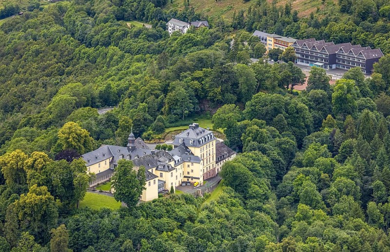 Aerial view, Wittgenstein Castle, grammar school and secondary school in the forest, Wittgenstein art, Bad Laasphe, Wittgensteiner Land, North Rhine-Westphalia, Germany, architecture, outdoor picture, education, educational institution, history, green area, grammar school, idyllic, culture, landscape, nature, panorama, secondary school, region, travel, sight, summer, tourism, environment, bird's eye view, forest, wooded, European, historic buildings, rural, picturesque, structural, traditional