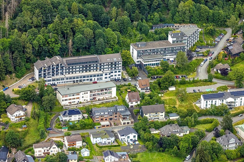 Aerial view, Diakonisches Werk Wittgenstein gGmbH - Diakoniestation Bad Laasphe Pflegedienst, Hotel AM Fang, am Waldrand, Bad Laasphe, Wittgensteiner Land, North Rhine-Westphalia, Germany, Architectural, Diakoniestation, Diakonisches Werk Wittgenstein gGmbH, Facilities, recreation, building, society, healthcare, hotel, infrastructure, institution, landscape, aerial view, nature, care service, care service, care facility, region, tranquillity, social work, town, tourism, forest, forest edge, rural, professional