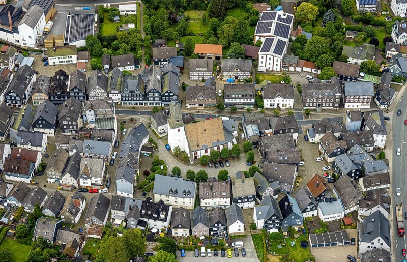 Aerial view, Bad Laasphe, Wittgensteiner Land, North Rhine-Westphalia, Germany, architecture, view, village, roofs, Europe, river, building, geography, sky, houses, hills, infrastructure, small town, landscape, nature, panorama, region, settlement, town, streets, day, urban, clouds, forests, rural