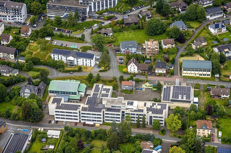 Aerial view, municipal grammar school, Bad Laasphe, Wittgensteiner Land, North Rhine-Westphalia, Germany, architecture, educational institution, exterior view, educational institution, education, campus, village, drone shot, building, autumn, infrastructure, classroom, landscape, teacher, region, school, school grounds, schoolyard, pupils, city view, urban development, urban, teaching, bird's eye view, green land, medium-sized, northern Europe, public school, overview