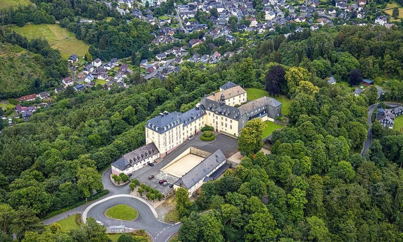Aerial view, Wittgenstein Castle in the forest, Wittgenstein art, Bad Laasphe, Wittgensteiner Land, North Rhine-Westphalia, Germany, architecture, outdoor shot, castle, trees, monument, Europe, history, hill, culture, landscape, aerial view, nature, panorama, castle, Schloss Wittgenstein, sight, summer, daylight, tourist destination, forest, wooded, historic buildings, rural, picturesque